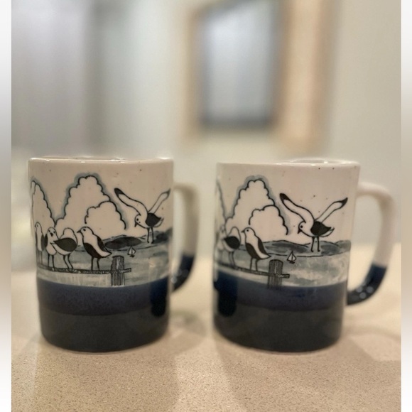 Vintage Ceramic Coffee Mug Embossed Seagulls Nautical Beach Themed Cup Set Of 2 - Picture 1 of 11